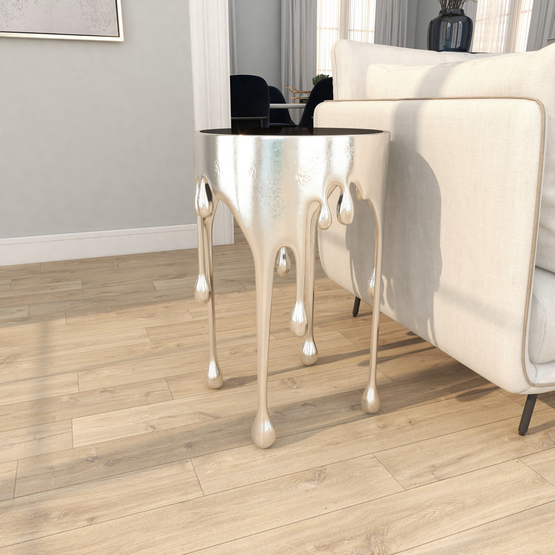 DecMode 16"W, 25"H Contemporary Accent Table with Tempered Glass Top, Raw Aluminum Finish with Melting Silver Design