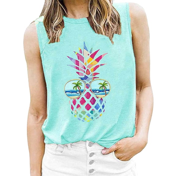 Trendfront Womens Pineapple Graphic Tops Sleeveless Crewneck Casual Loose Fit Tank Tee Trendy Fashion T Shirts Beach Vacation Clothes