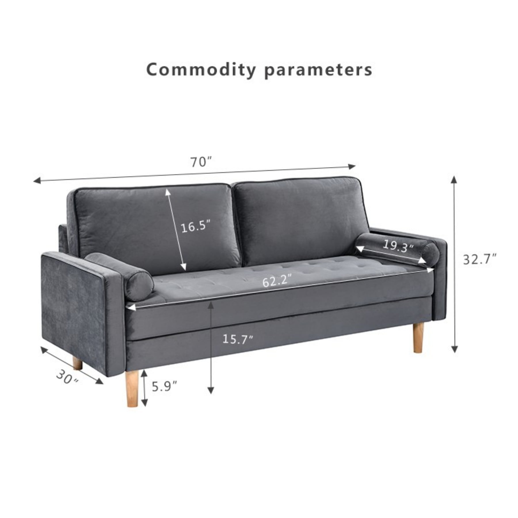 70" Modern Velvet Loveseat Sofa Couch,Mid-Century Tufted Upholstered Small Love Seat Couch with 2 Pillows for Compact Space,Living Room,Apartment,Grey