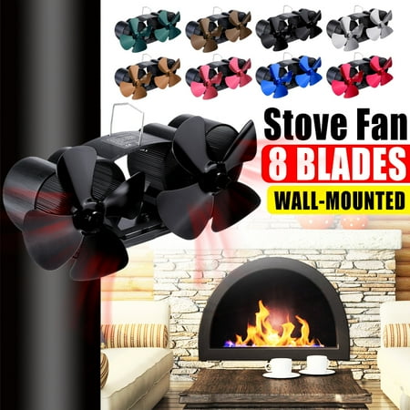 Wall Mounted Heat Powered Stove Fan 8 Blades Dual Head Silent
