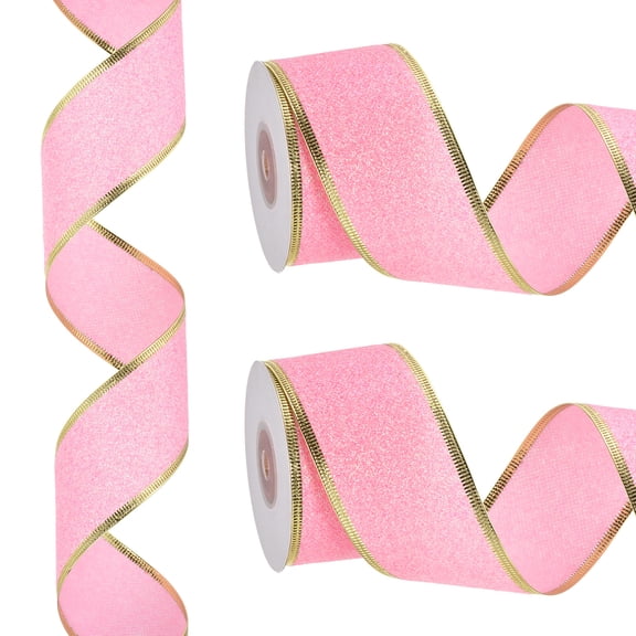 20 Yards x 2" Christmas Ribbon Metallic Wired Ribbon Shine Gift Wrapping Ribbon for Craft Birthday Wedding Festival Decoration, Pink Gold