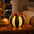thumbnail image 5 of Halloween Decorations Decorative Pumpkin Light, Black and Ivory Striped Resin Pumpkin with Gold Scrollwork, Fall Leaves, Berries and Pine for Tabletop Home Decor, 5 of 5