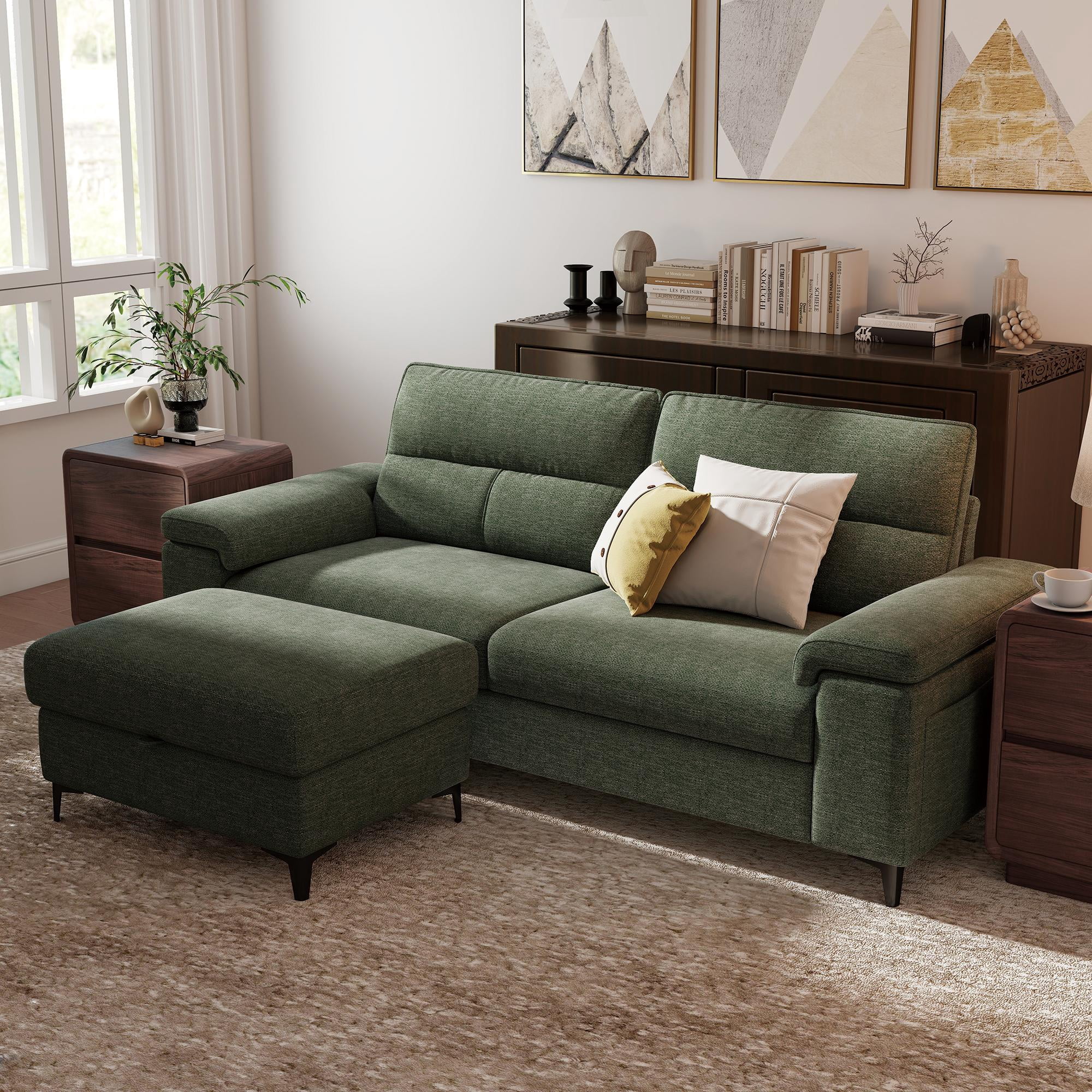88" Loveseat Sofa with Storage Ottoman Adjustable Armrest 3-Seat L-Shaped Sectional Couch for Living Room Green