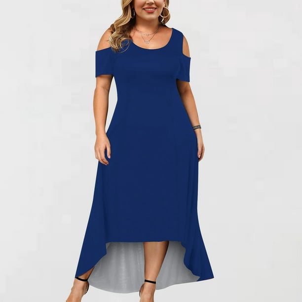 Fesfesfes Plus Size Wedding Gust Dress for Women Cold Shoulder Short Sleeve  Long Dress Casual Solid Color Hollow Out Lace Splicing Semi Formal Party