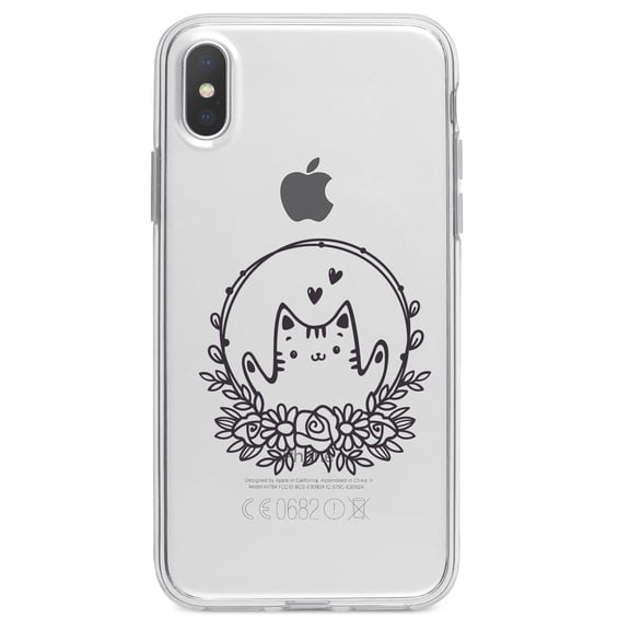 DistinctInk Clear Shockproof Hybrid Case for iPhone XR (6.1" Screen) - TPU Bumper Acrylic Back Tempered Glass Screen Protector - Valentine Cat - Wreath Hearts