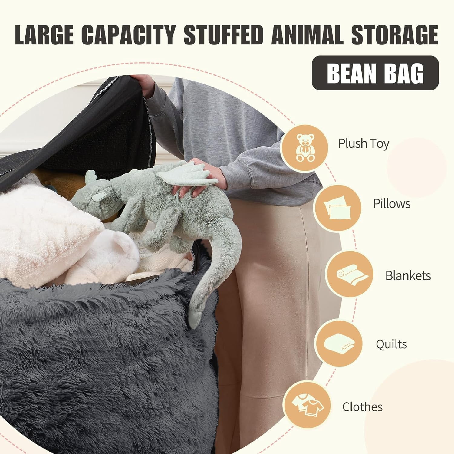 RAINBEAN Large Bean Bag Chair Cover, Plush Bean Bags Chairs Cover Only Without Filler Included, Beanbag Chairs for Adults, Teens, Kids, Dark Gray 5FT