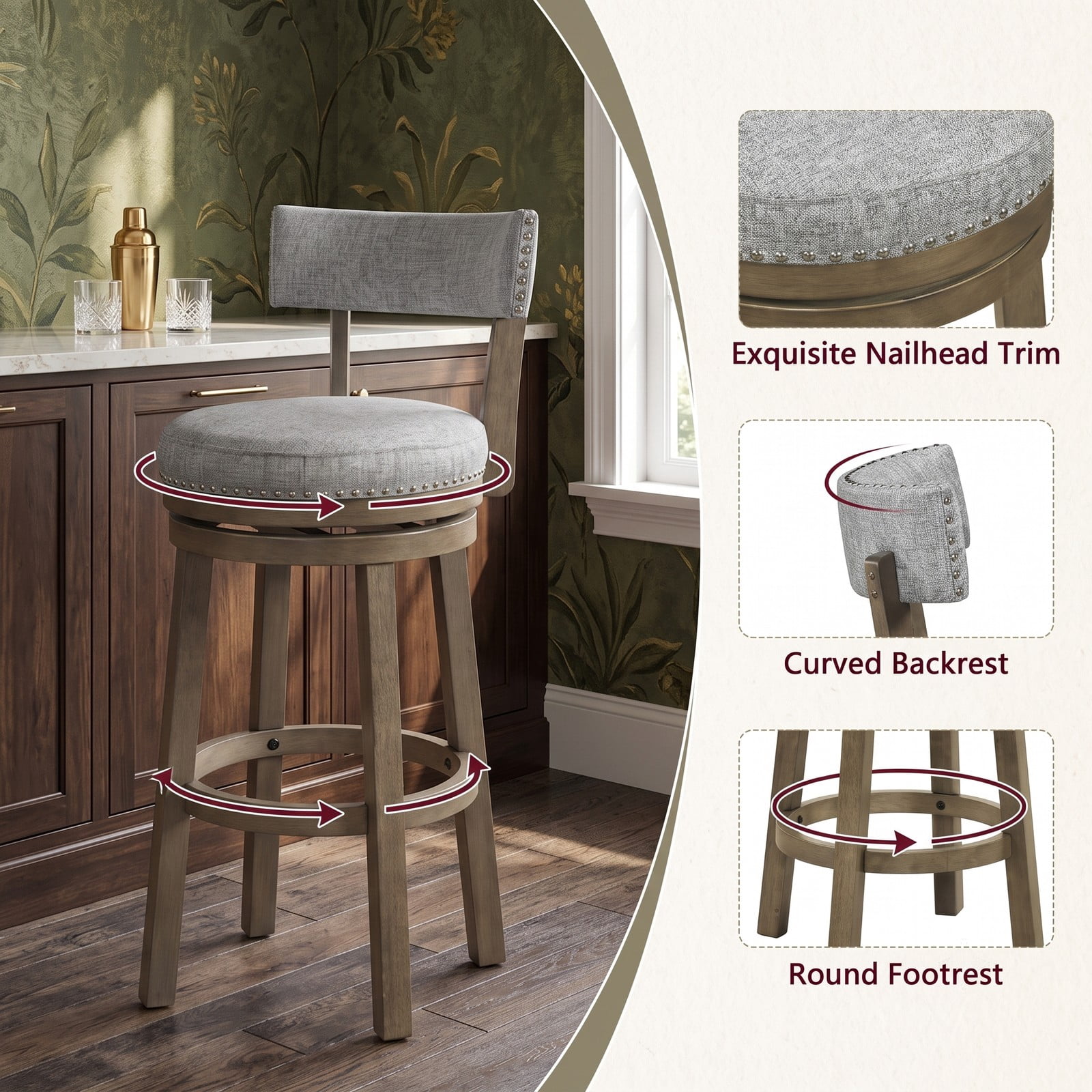 Furnibear Swivel Bar Stools Set of 2, 31.5 Inch Linen Fabric Upholstered Barstools with Curved Back and Nailhead Trim, 360-Degree Swivel Counter Height Kitchen, Gray