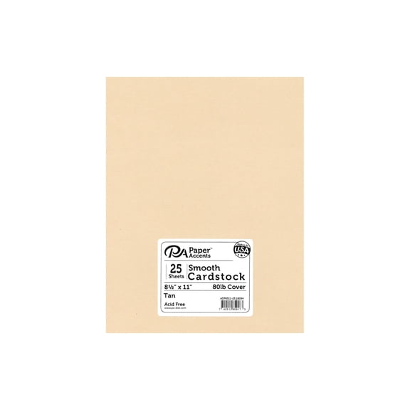 Accent Design Paper Accents Smooth Cardstock 8.5" x 11" Tan, 80lb colored cardstock paper for card making, scrapbooking, printing, quilling and crafts, 25 piece pack