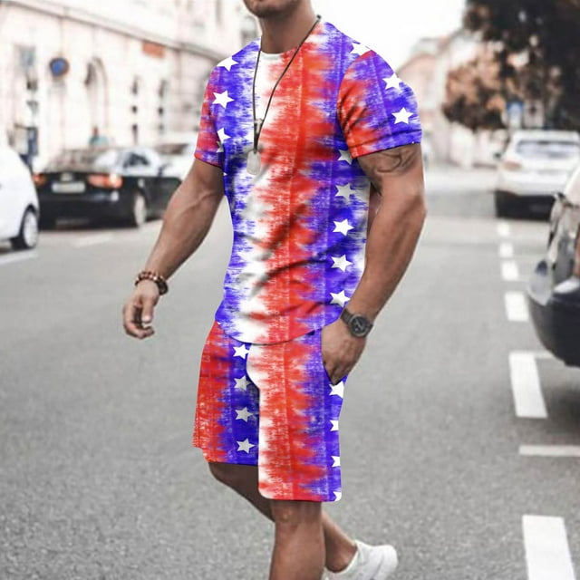 cllios 4th of July Outfit for Men 2 Piece Set Independence Day Mens Athletic Outfits Short Sleeve Shirts and Drawstring Shorts Set American Flag Matching Suits Independence Day Workout Tracksuits