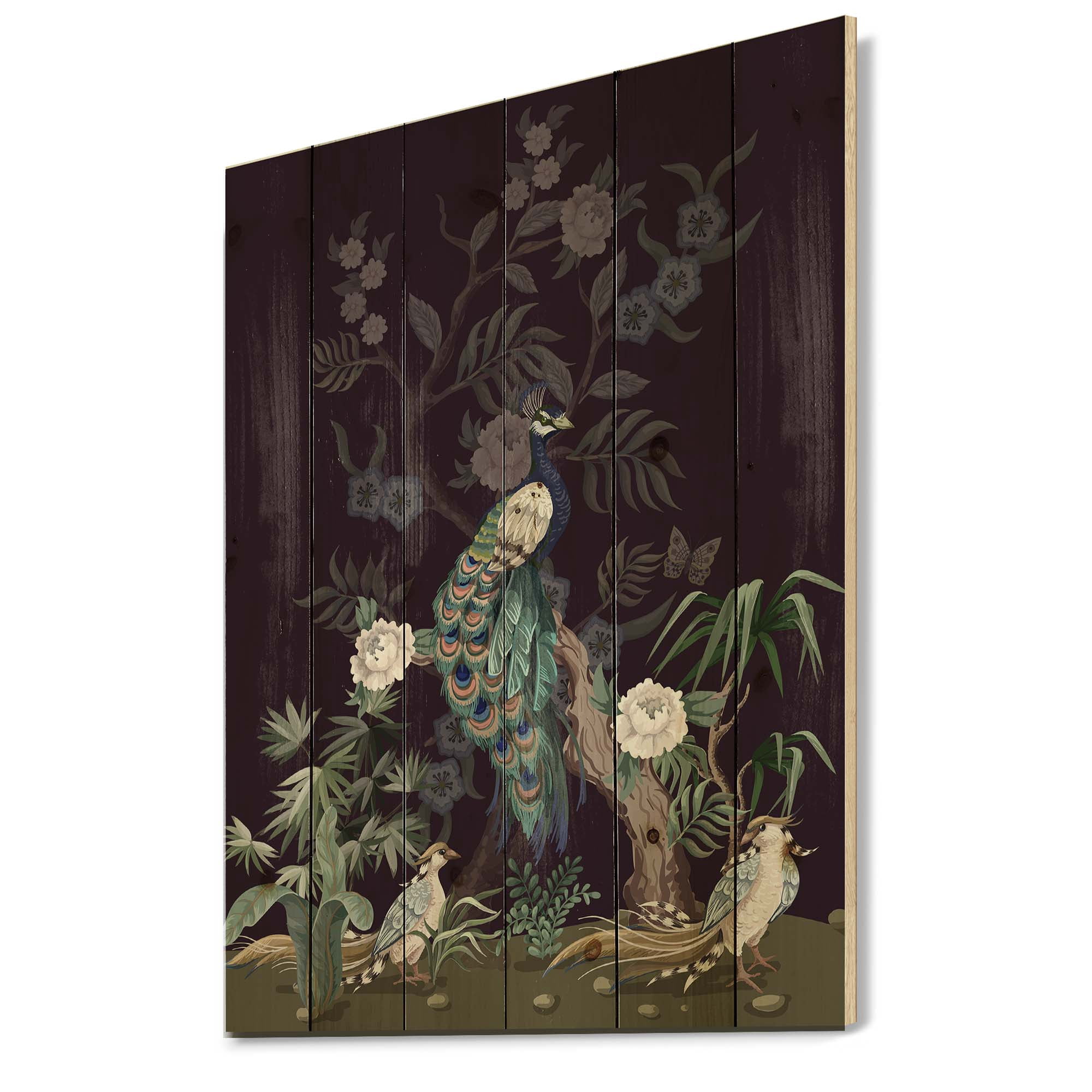 Designart 'Chinoiserie With Peonies and Birds V' Traditional Print on Natural Pine Wood