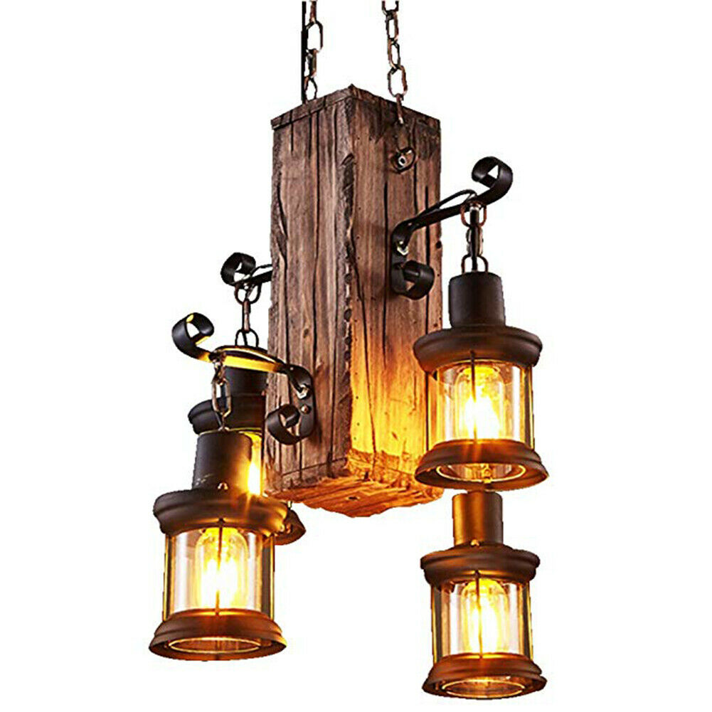 Miumaeov Industrial Vintage Wooden Hanging Farmhouse Pendant Light Retro Loft Lantern Chandelier 4 Lights Suspension Island Lighting Fixture for Kitchen Dining Coffee Shop Restaurant