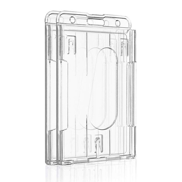 Vertical 2-Card Badge Holder with Thumb Slot Hard Transparent PC Case Protector for Office School IDs Credit Cards Driver’s Licenses and Passes, 2 Pack