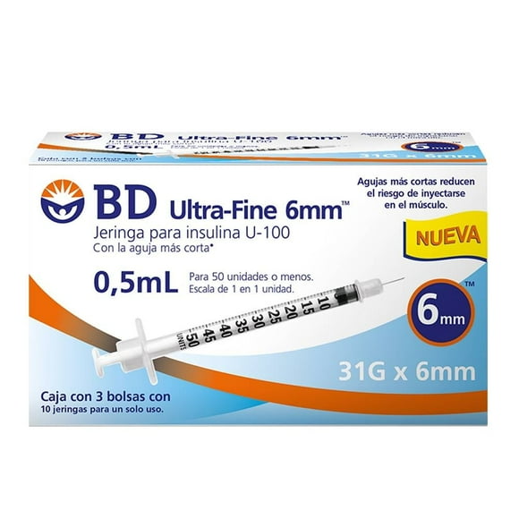 Jeringas para insulina BD Ultra Fine 6 mm U-100, 0.5 ml 30 pzas