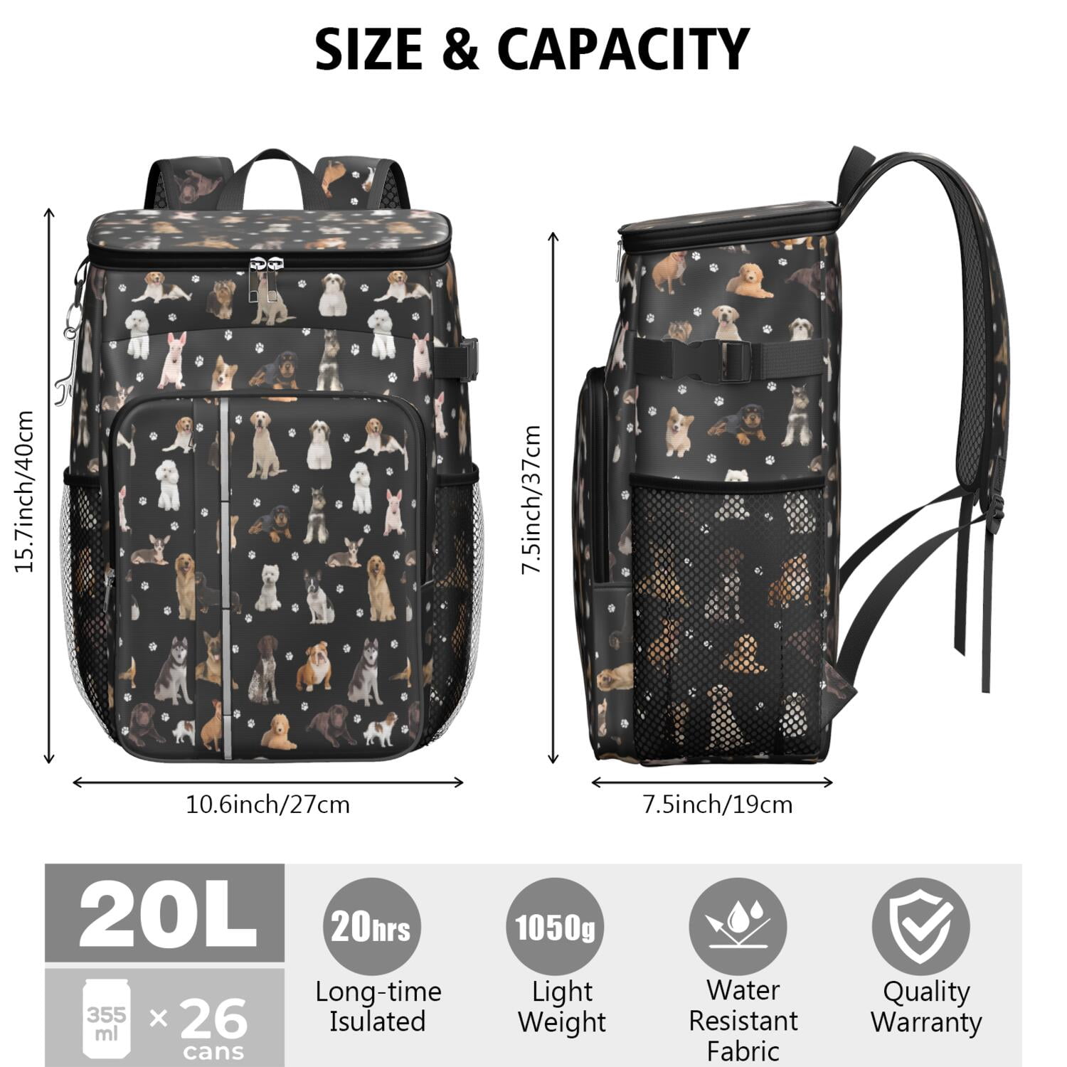 Travel Cooler Bag - Dog Breeds Camping Beer Cooler Backpack with Bottle Opener- Waterproof Insulated Picnic Backpacks - Cooler Bag for Beach