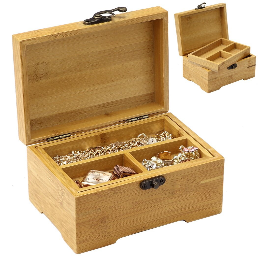 Large Bamboo Wooden Box with Hinged Lid& 2 Compartments, Storage Box