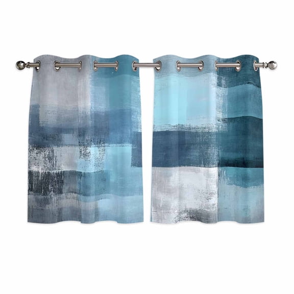 Teal Blue Kitchen Curtains Short 54 Inch Length, Modern Oil Painting Abstract Ombre Geometric Grommet Top Bedroom Living Room Curtains, Light Filtering Cafe Curtain Drapes 2 Panels Set 84''x54''