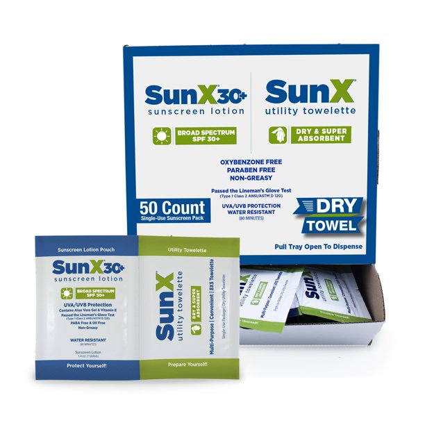 CoreTex Sun X 30+ Paquetes de protector solar de amplio espectro y toallas secas Duo Kit - Paquete de 50 octinoxato de parabeno oxibenzona y protector solar sin aceite - Sin yeso blanco y resistente a
