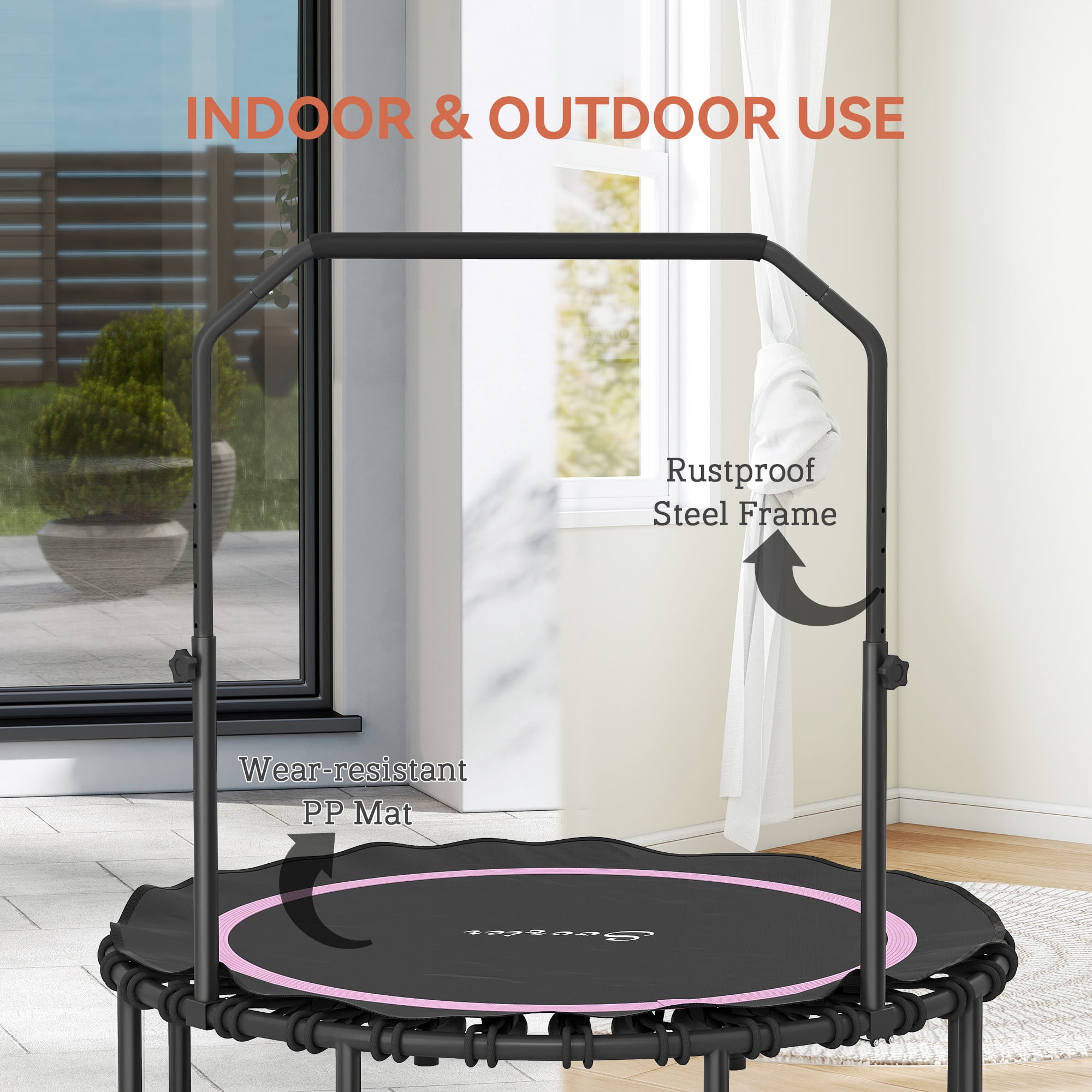 Soozier 48" Rebounder Trampoline for Adults, Foldable Mini Trampoline with Adjustable Handle Bar, Bungee Rebounder Jumping Cardio Trainer, Pink