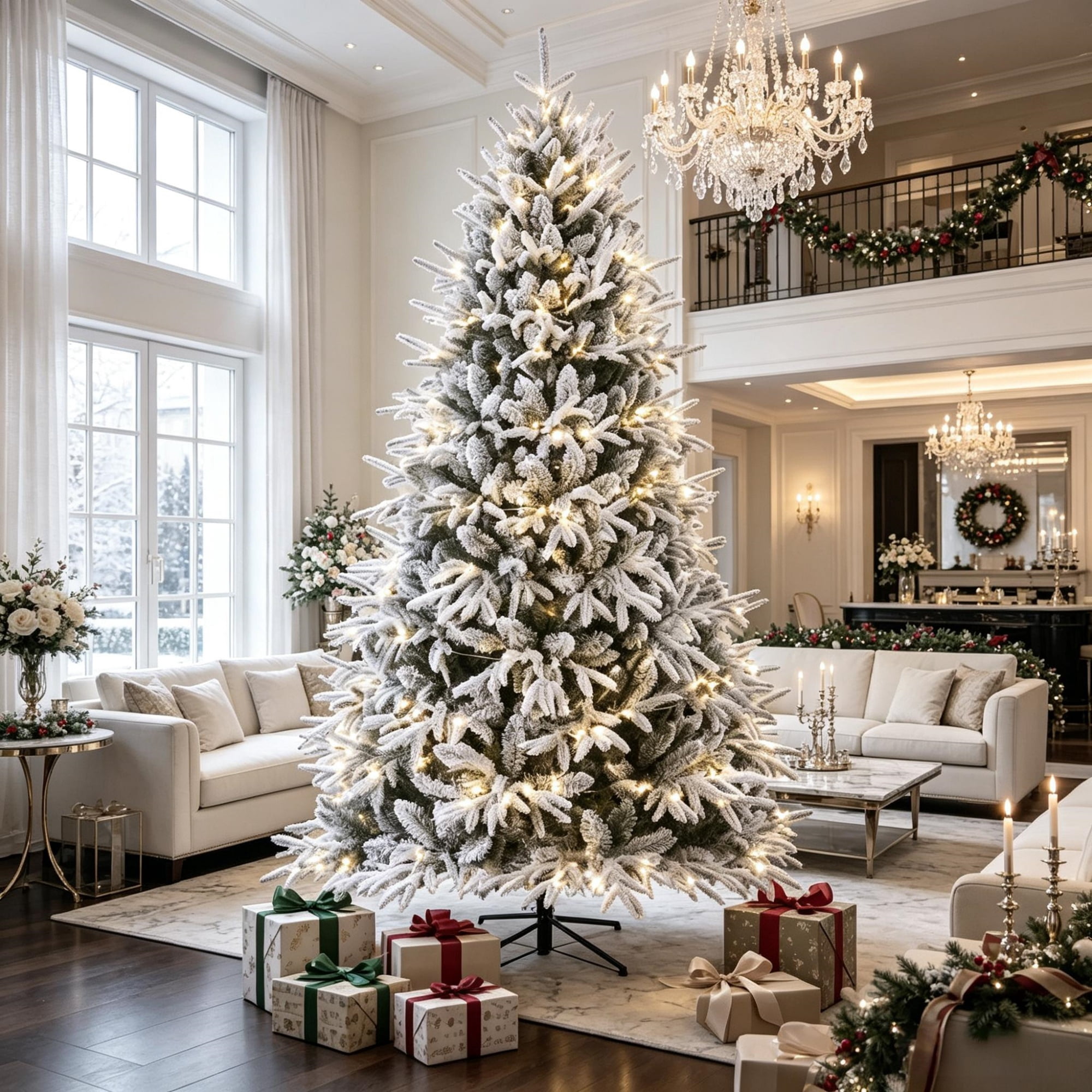 6 ft Pre-Lit Flocked Christmas Tree with 2015 Tips and 260 Warm White LED Lights, Hinged Design