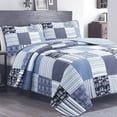 thumbnail image 5 of Cotton Reversible Quilt Bedding Set, Navy Blue Denim Plaid Striped Real Patchwork Coverlet Bedspread for Hotel, Dorm, Machine Washable (Daniel Patchwork, King-3 Piece), 5 of 5