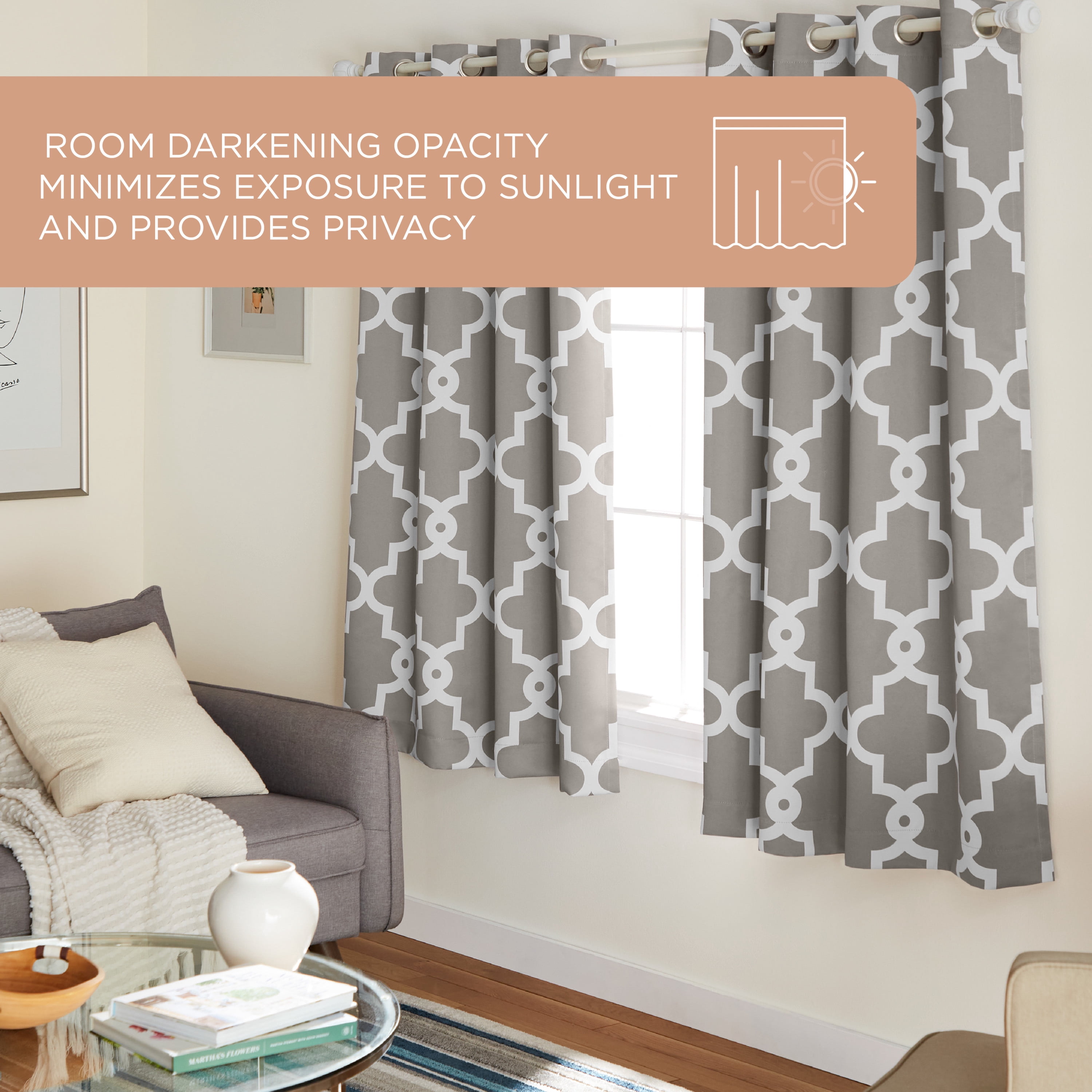 TOWN & COUNTRY EVERYDAY Ironwork Geo Trellis Sateen Indoor Curtains, Room Darkening Blackout, Grommet Top, Energy Efficient, 2-Pack Set, 52"x63", Silver