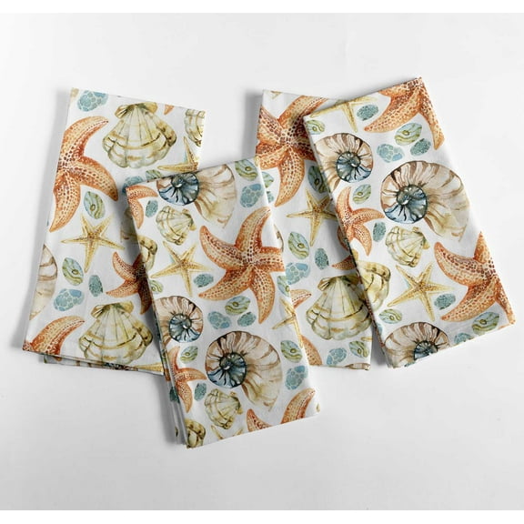 Vargottam Luxury Cotton Canvas Napkins- Set of 12, 20-Inch Tropical Coastal Peach Starfish & Shell Print, Premium Thick Cloth Napkins for Elegant Dining - Soft, Absorbent & Machine Washable