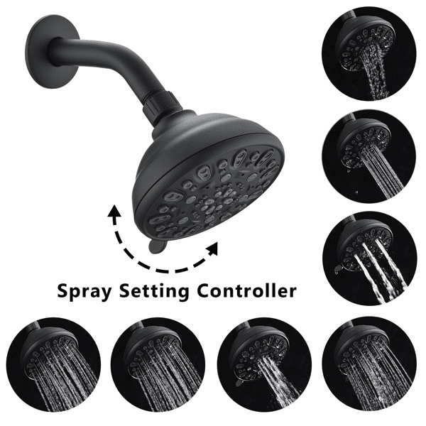 4 Inch Shower Head, 6‑Setting, Angle Adjustable & Clog‑Proof, Matte Black High Pressure