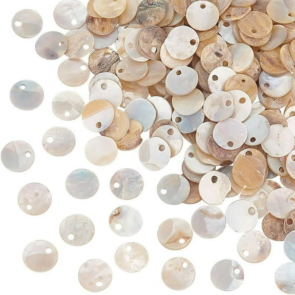 200Pcs Natural Akoya Shell Flat Round Charms Mother of Pearl Shell Charms Seashell Color 7~7.5x1mm Hole: 1mm