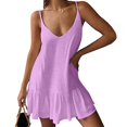 thumbnail image 1 of JUNWELL Robes d'Été pour les Femmes Boho Couleur Unie V Cou Spaghetti Sangle Mini Robe Décontractée Volants Ourlet Fluide Robe de Plage, 1 of 5