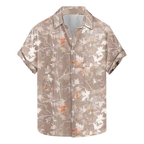 Blusa y camisa de manga corta con cuello vuelto para hombre, camisa informal de moda con estampado de hojas y solapa de manga corta, blusa para hombre