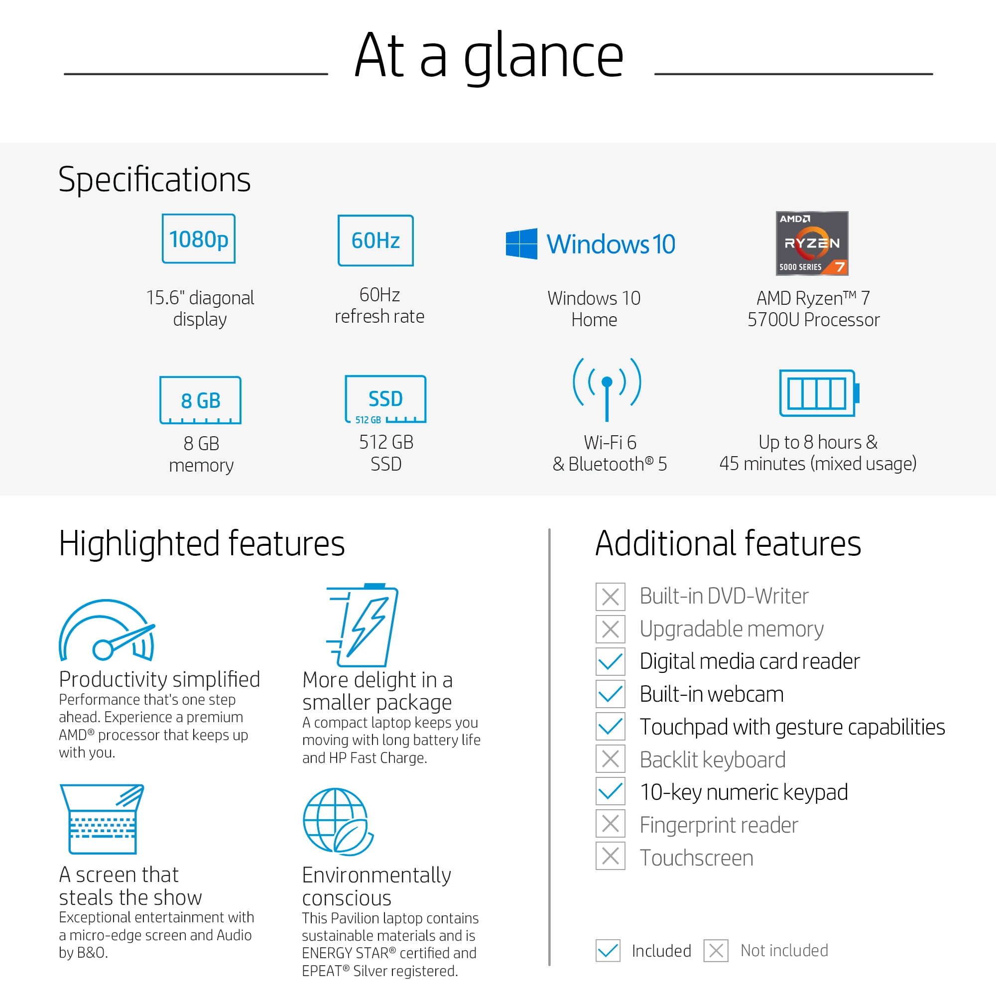 HP Pavilion 15.6" FHD, AMD Ryzen 7-5700U, 8GB RAM, 512GB SSD, Horizon Blue, Windows 11, 15-eh1070wm