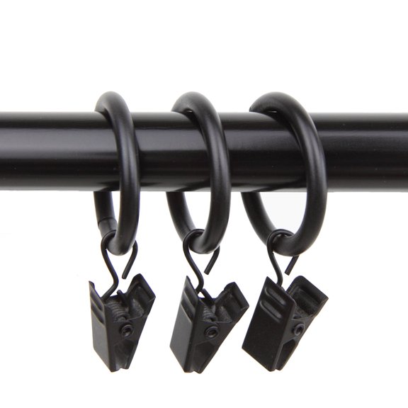Decorative 10 Curtain Rings with Clips 1 inch Inside Diameter - Black