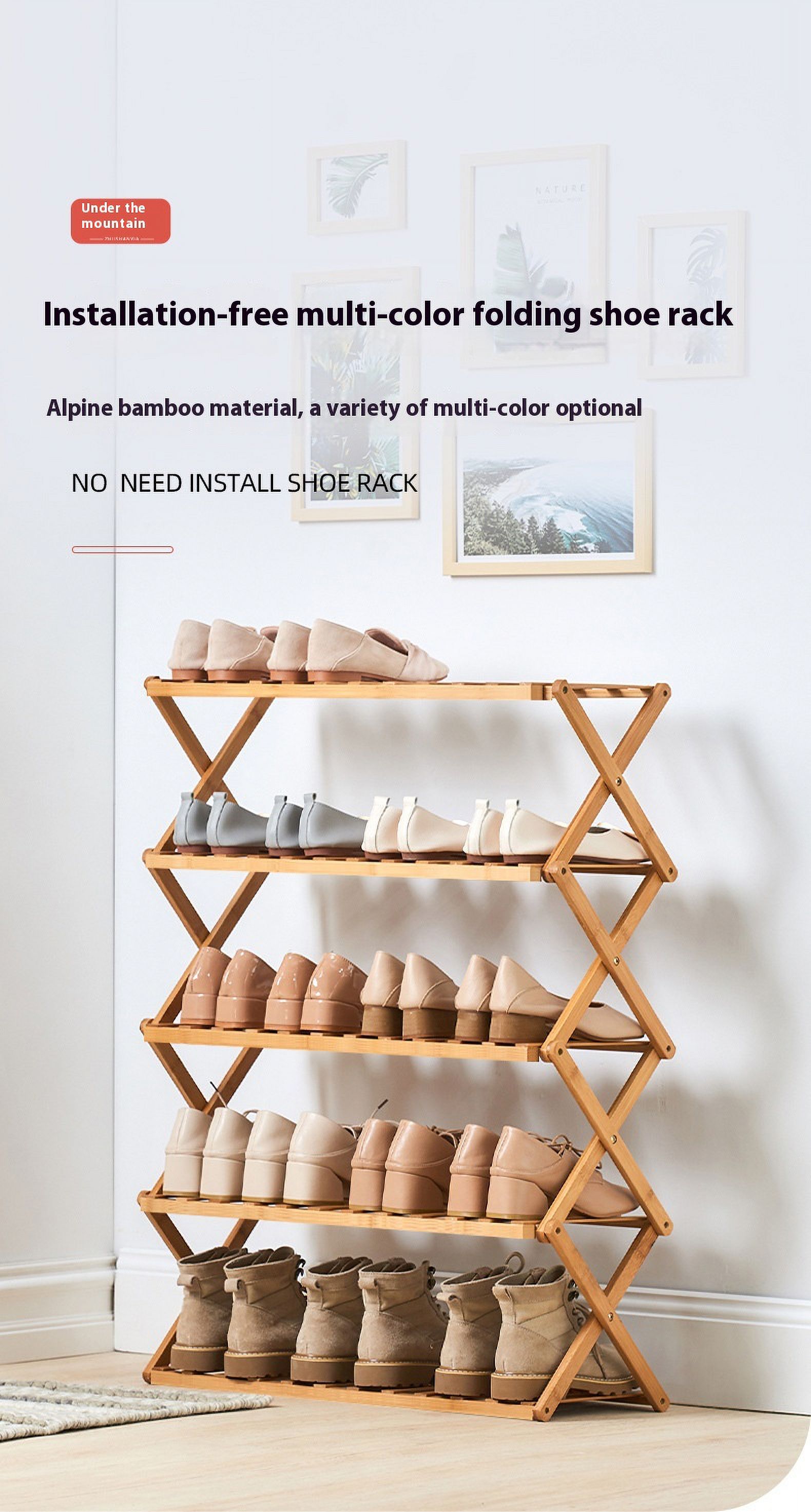 Folding Shoe Rack for Entryway, Bamboo 6 Tier Stackable Installation-Free Shoe Storage Cabinet for 21-25 Pairs for Boots Heels Sandals Slippers, Green