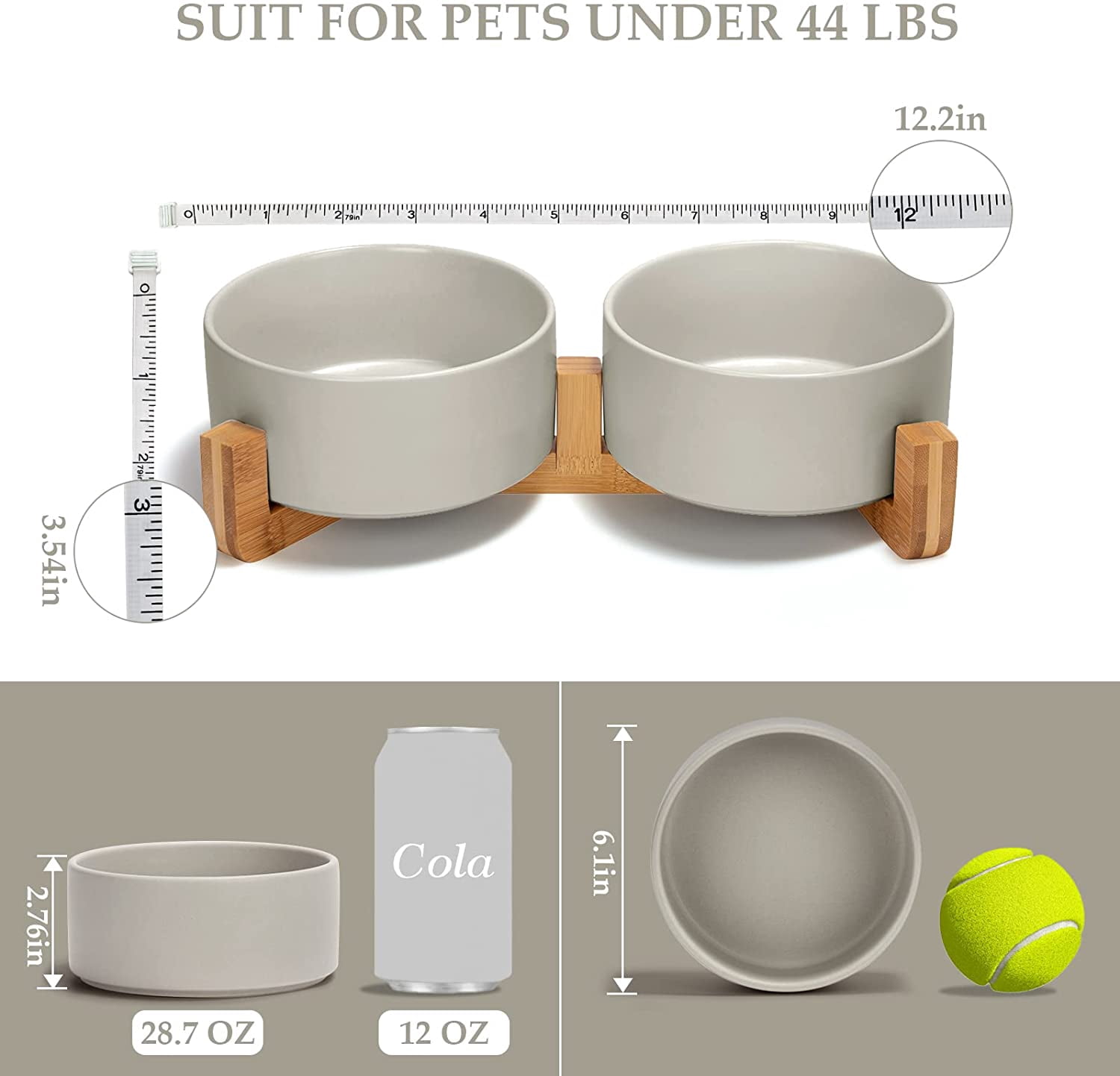 Ceramic Dog and Cat Bowl with Wood Stand Non-Slip Matte Glaze Weighted Food Water Set for Cat Medium Dog 28.7 OZ