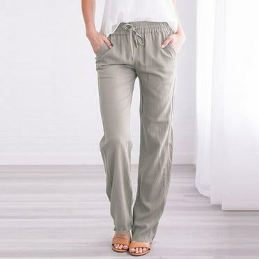 FAVIPT Straight Leg Linen Pants Women Summer Casual Drawstring Elastic High Waist Loose Comfy Trousers with Pockets 2025