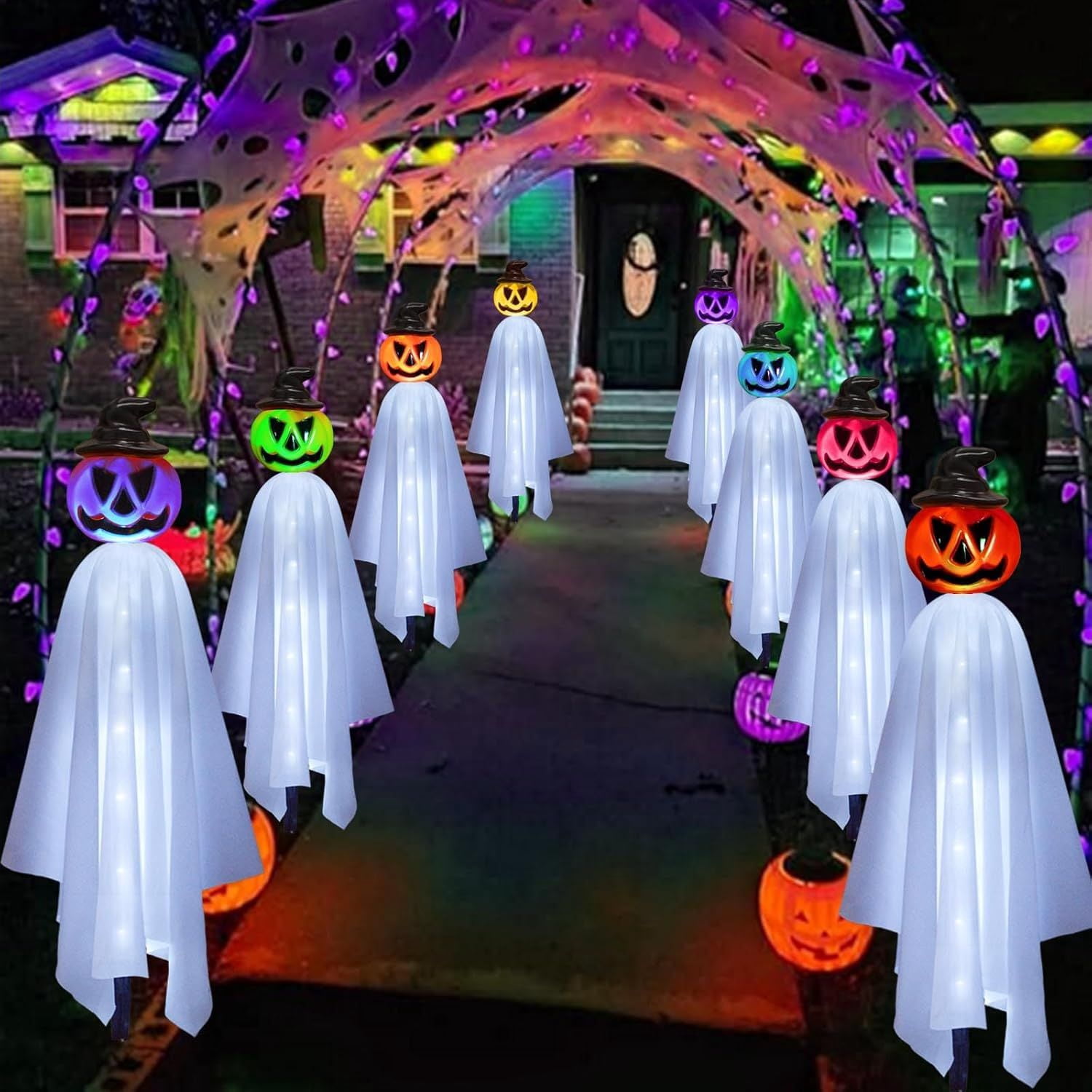 Solar Powered Pumpkin Ghost Lights for Halloween Outdoor Yard Decor
