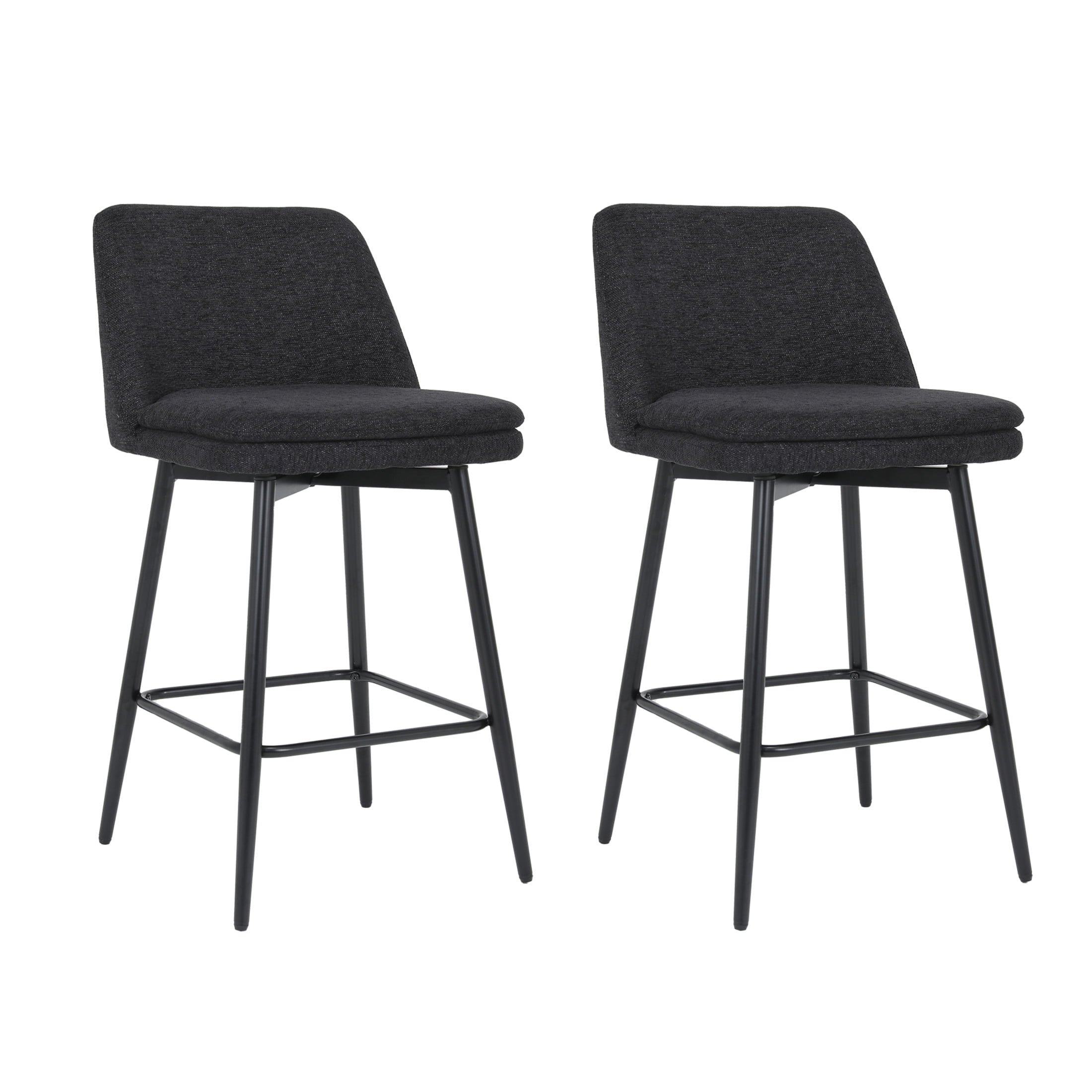 Noble House Bertis 360° Swivel Bar Stools, Upholstered Linen Kitchen Island Chairs with Metal Legs, Black, Set of 2