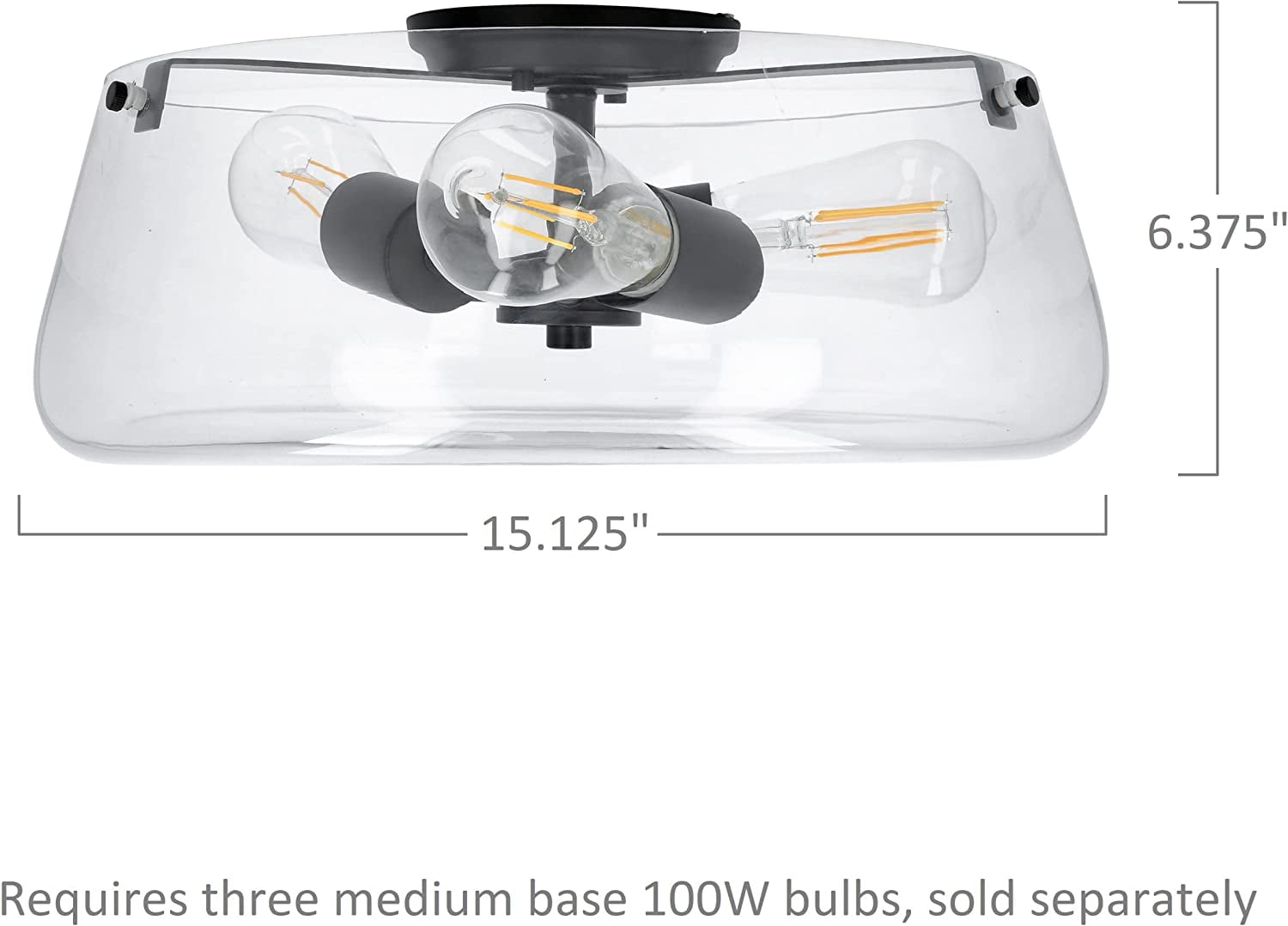 Luminance Stella Black 3 LT 100W Flush Mount Ceiling Light | Modern Metal Fixture with Round Clear Glass Shade F27024-31