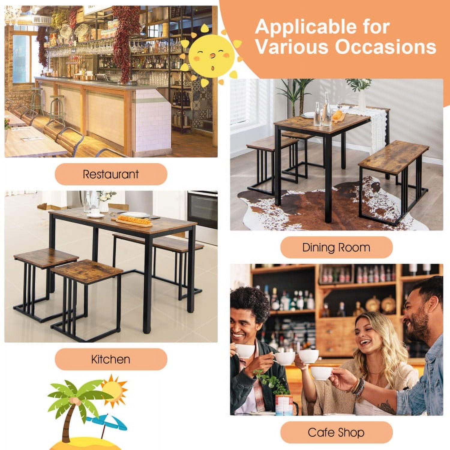 Finihen Dining Set, Dining Table Set, 4 Pieces Industrial Dining Table Set with Bench and 2 Stools, for Home, Restaurant, Brown Finihen Dining Set, Dining Table Set, 4 Pieces Industrial Dining Table Set with Bench and 2 Stools, for Home, Restaurant, Brown