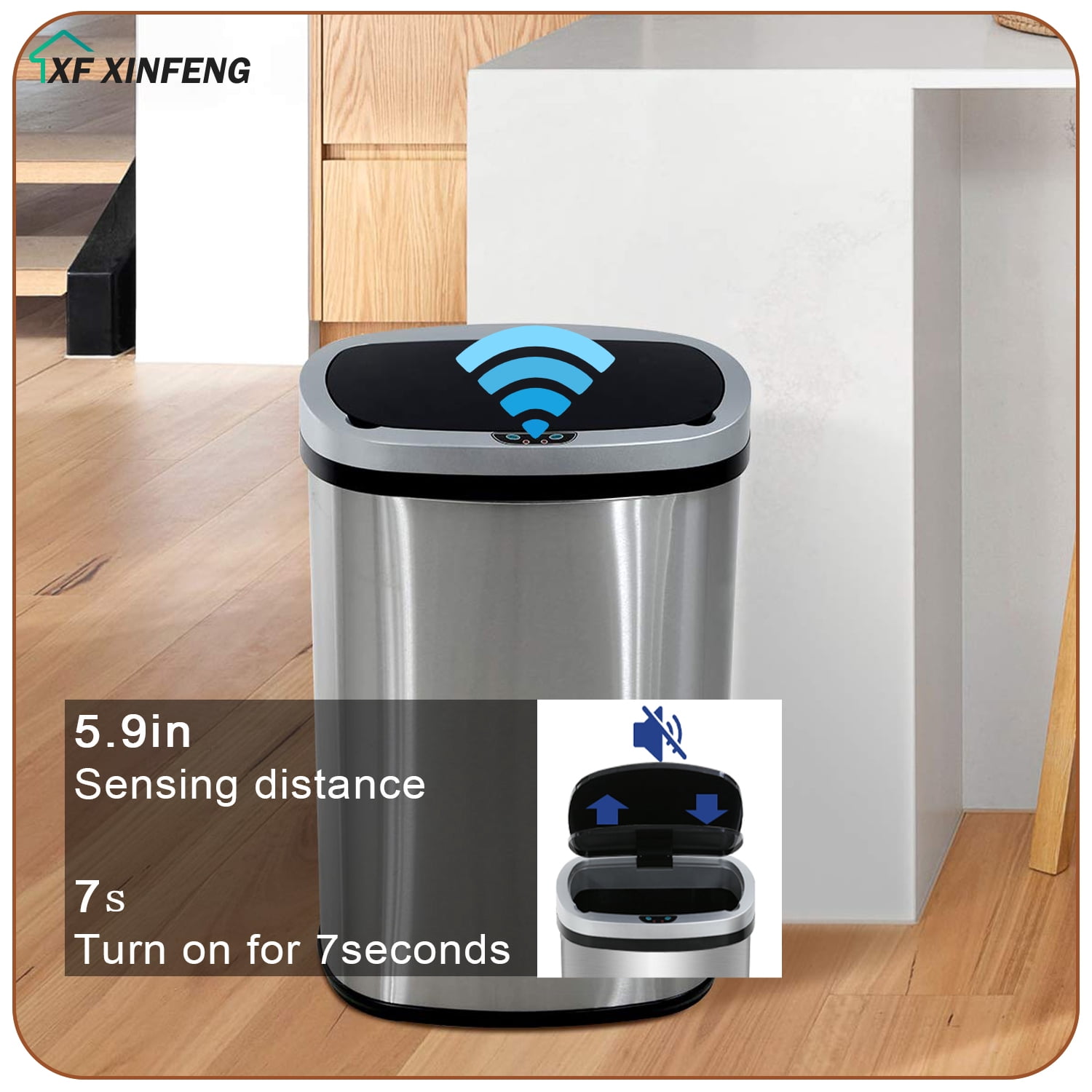 XF XINFENG  13 Gallon Kitchen Trash Can Automatic Touchless Stainless Steel Waste Bin with Silver,Black Lid