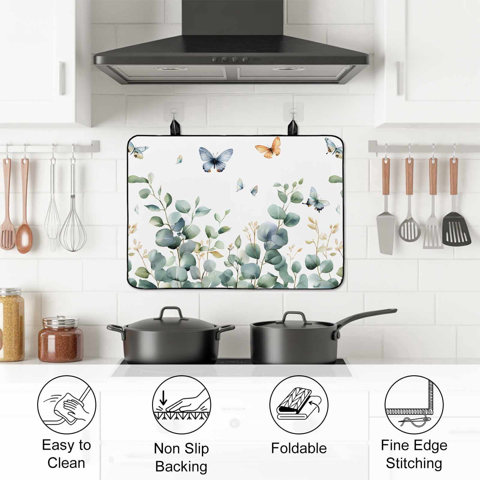 Eucalyptus Stove Top Cover for Electric Stove, Heat-proof & Non Slip Glass Top Stove Cover Protector, Spring Butterfly Nature Plant Aesthetics Kitchen Flat Cooktop Rubber Mat 24x21 Inches