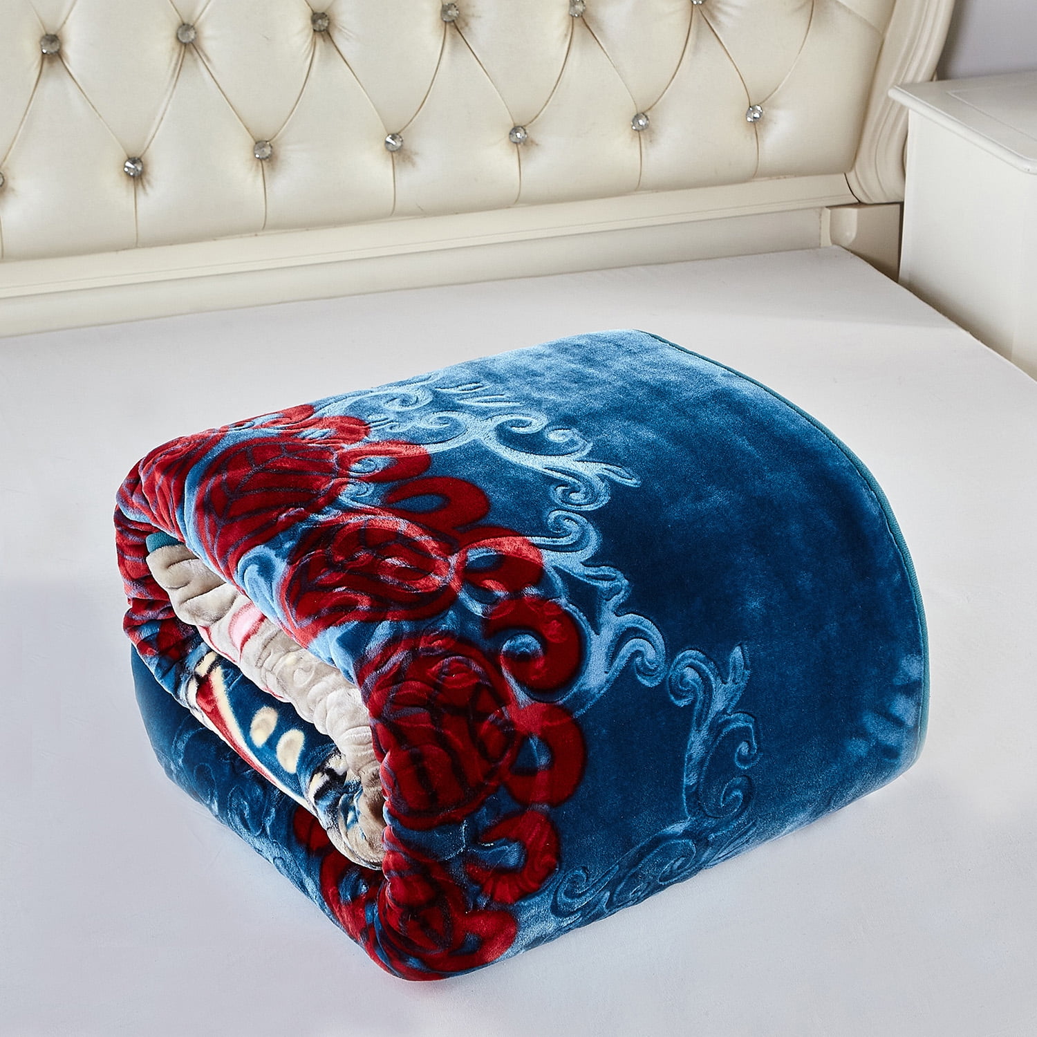 Heavy Thick Fleece Blanket King Size, 9lbs,1 Ply Silky Soft Warm Flower Embossed Raschel Winter Blanket, Minky Soft Plush Blanket for Sofa Bed, 85"x95", Blue & Wine Red