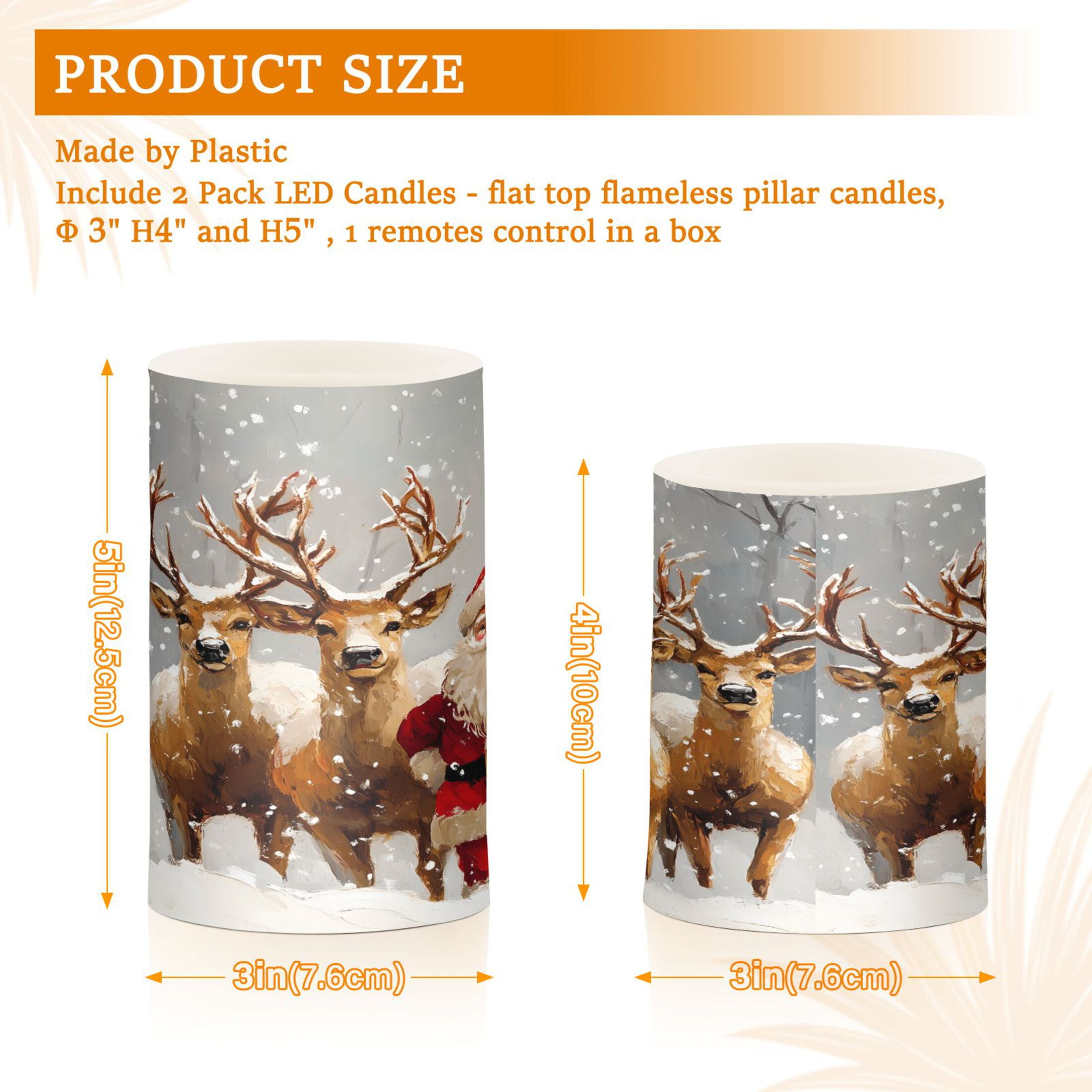 Flickering Flameless LED Candles set of 2 Battery Operated 18-Key Remotes Timer Halloween Fall Decor Christmas Santa Claus with Deers D3''xH4''5''