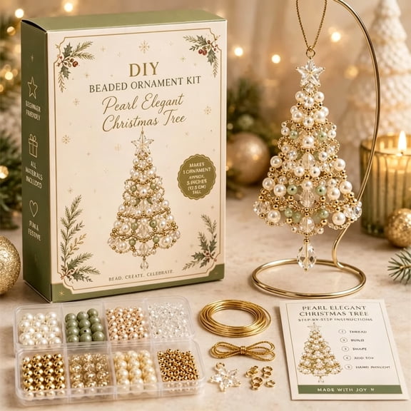 DIY Christmas Tree Bead Ornament Craft Kit, Crystal Pearl Beads & Charms with Step-by-Step Instructions, Handmade Holiday Hanging Decor for Adults Christmas Gift