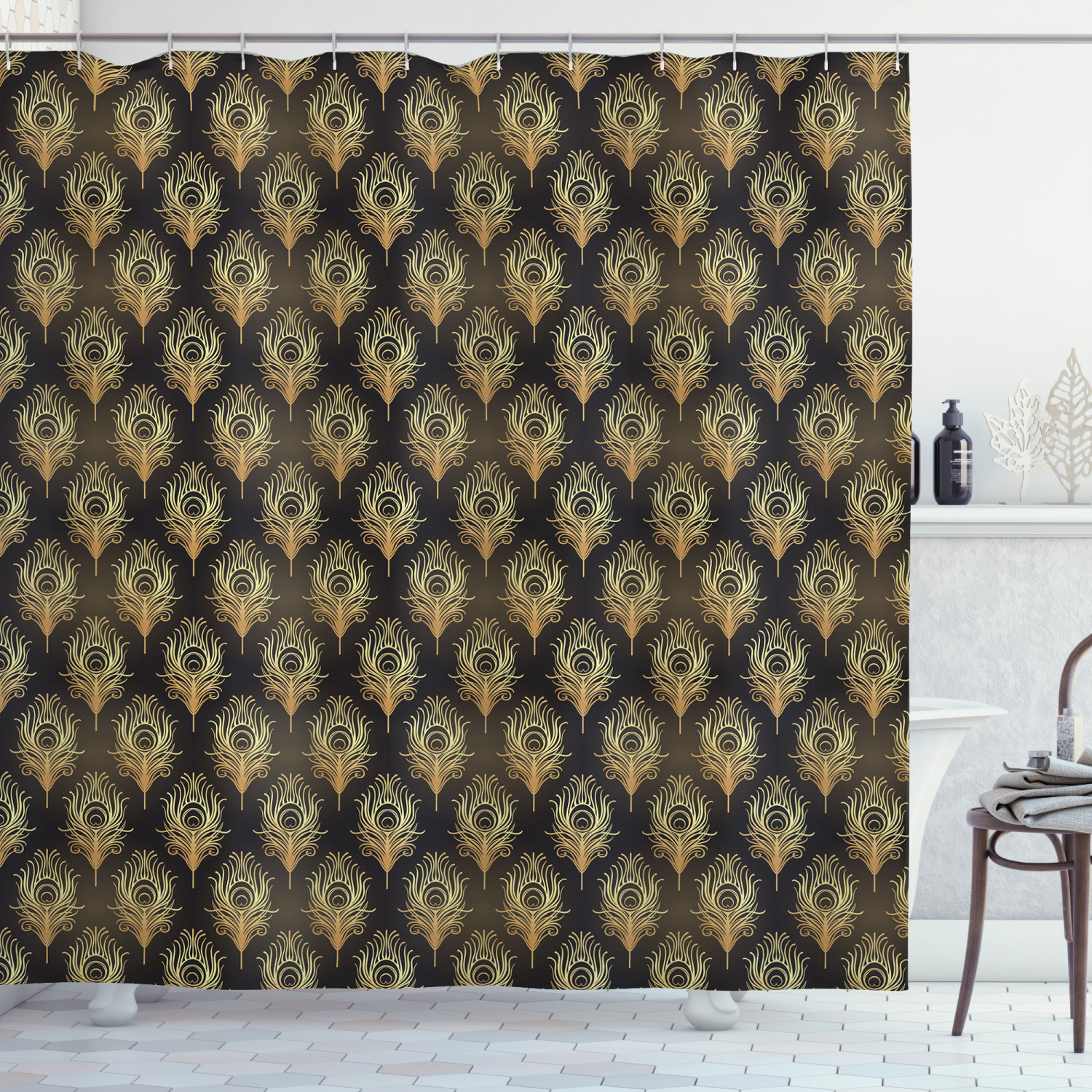 Art Deco Shower Curtain, Jazz Era Inspired Vertically Aligned Peacock