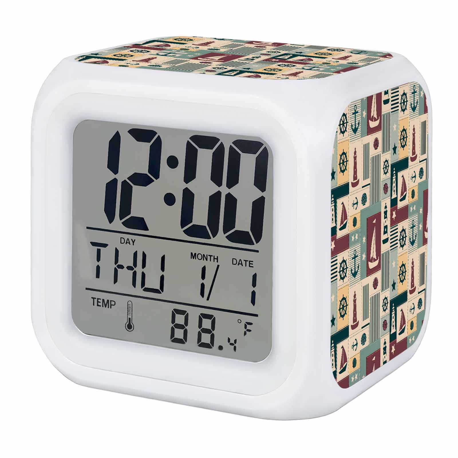 Nautical Sailboat Alarm Clock, Anchor Star Navy Striped Shell Plaid Digital Clock Night Light with 7 Color, Calendar Temperature Display, LED Desk Small Clock for Bedrooms Bedside Living Room