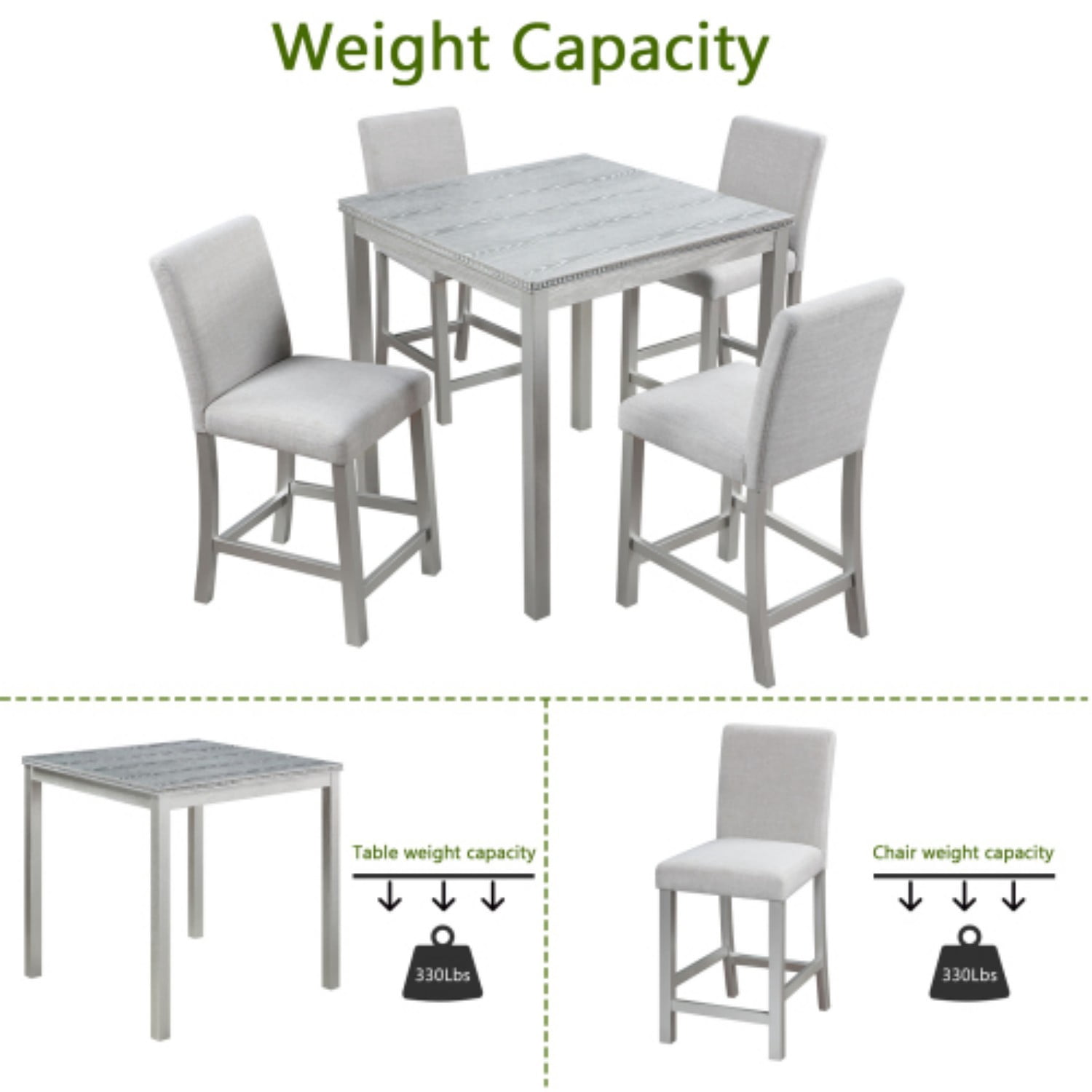 5 Piece Counter Height Dining Table Set, Square Kitchen Table with 4 Upholstered Chairs, Wooden Dining Set with Crystal Decoration for Dining Room, Silver Gray
