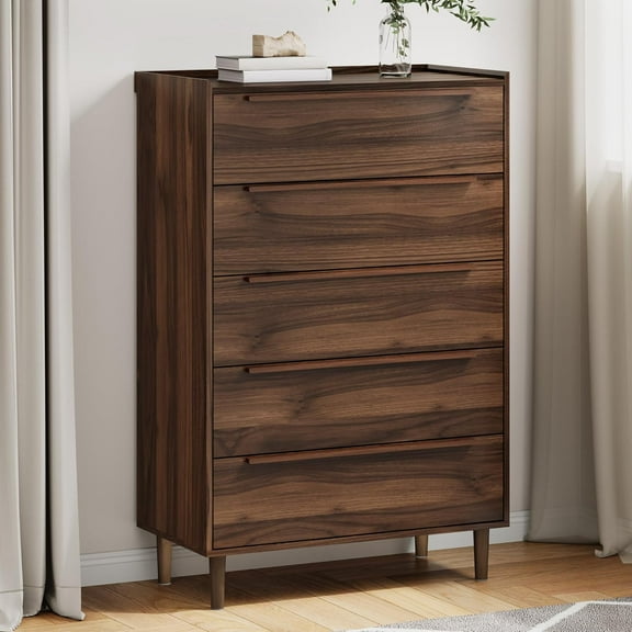 5-Drawer Dresser, 48" Tall Walnut Chest of Drawers for Bedroom, Mid Century Modern Storage Organizer for Closet, Hallway, or Small Apartment