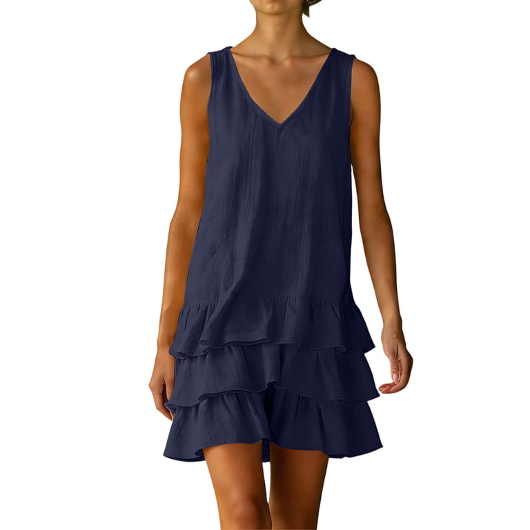 HBBIKVI Layered Ruffle Mini Dress for Women Summer V-Neck Smock Dress with Tiered Hem and Relaxed Fit for Beach Vacation Style