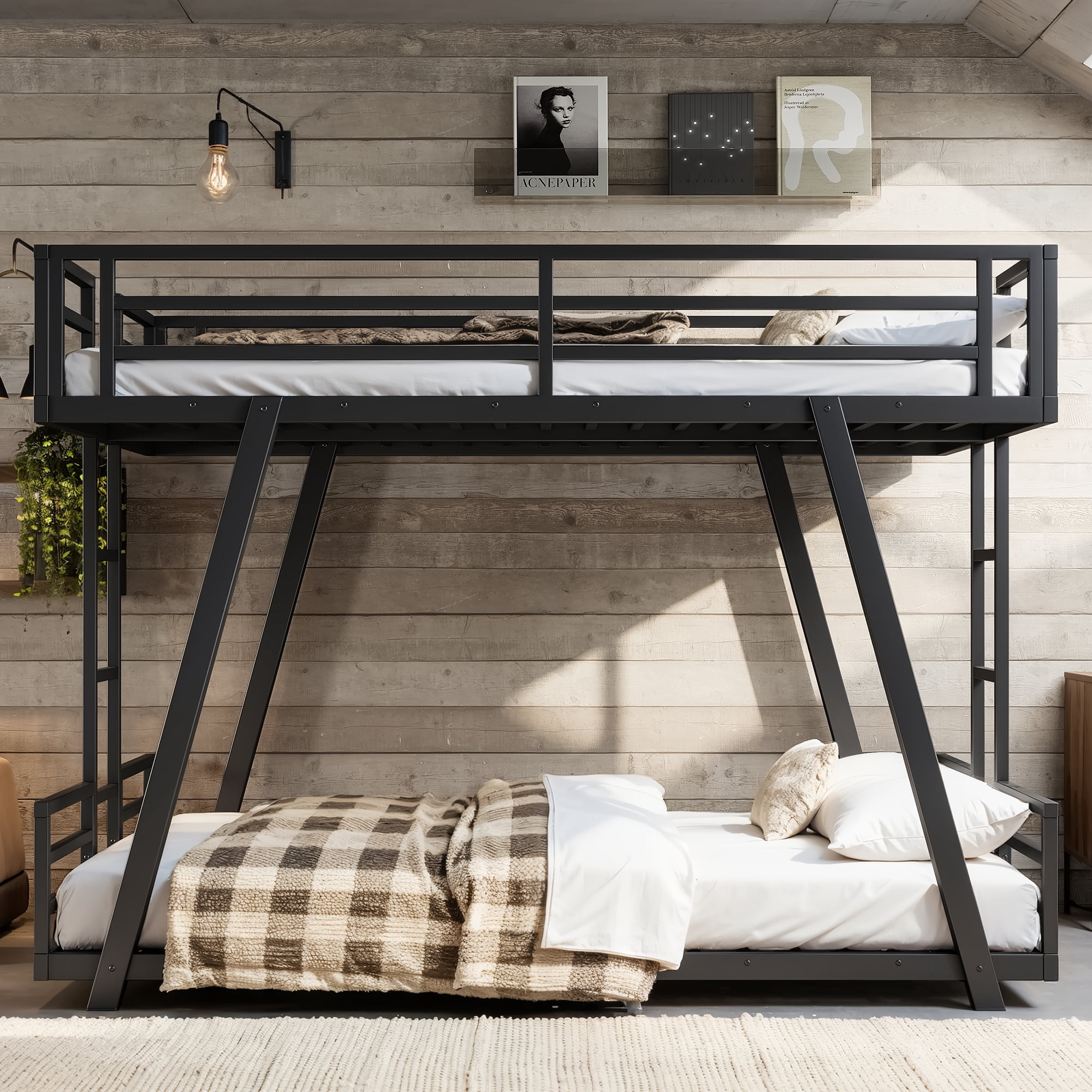 Leumius Full over Full Bunk Bed Frame with 2 Side Ladders, Metal Bunk Bed with Spdcial Support Leg Design and LED Light, Low Profile Bunk Bed for Teens Adults Black